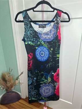 Tango Mango Black Floral & Medallion Tank Dress Made in India Medium vibrant